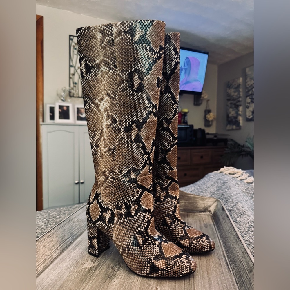 The Drop brown and black snakeskin print knee-high boots, round toe